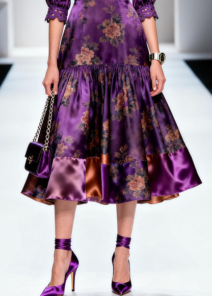 Italian Purple Print Lace Patchwork Silk Long Dress Summer