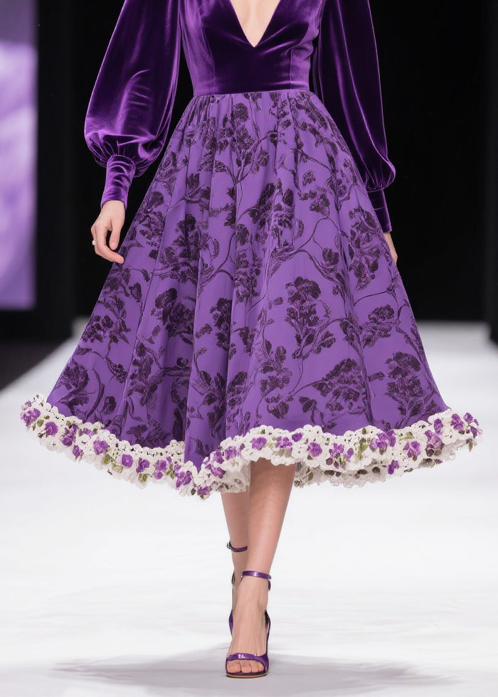 Italian Purple Print Patchwork High Waist Silk Velvet Long Dresses