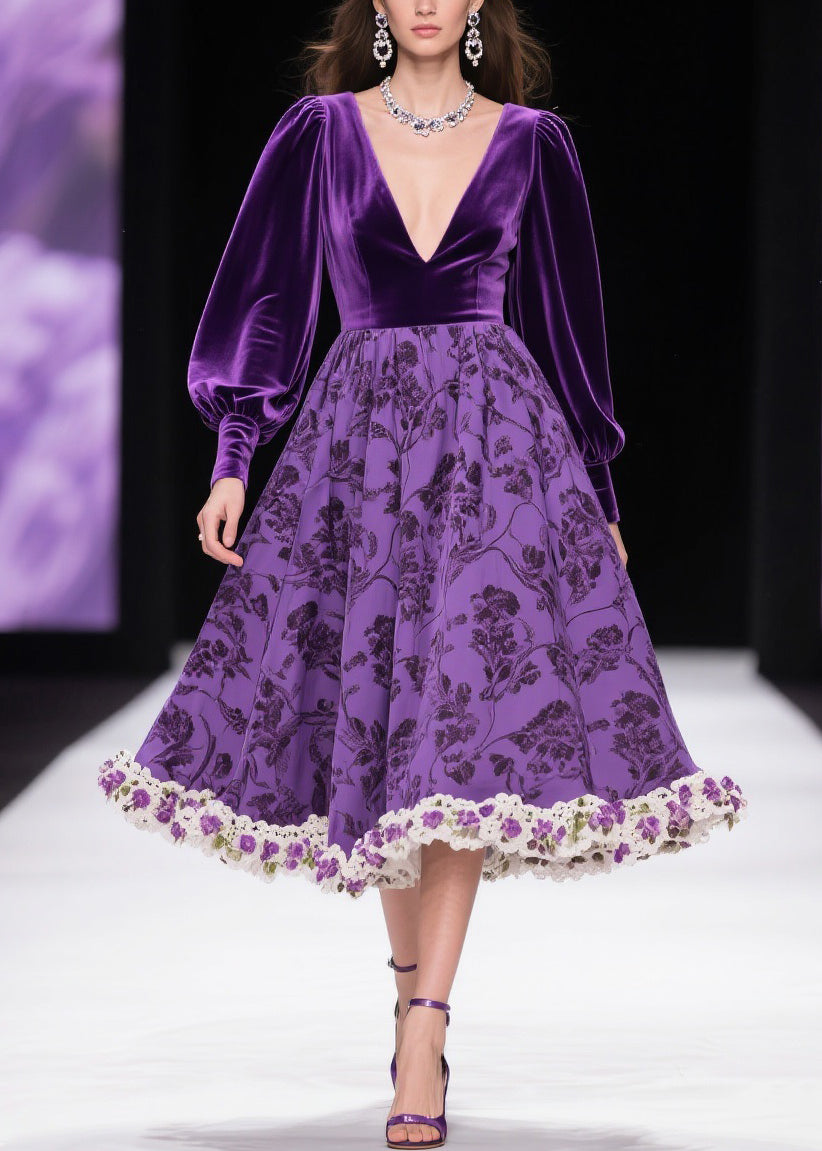 Italian Purple Print Patchwork High Waist Silk Velvet Long Dresses