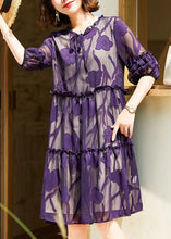 Load image into Gallery viewer, Italian Purple Ruffled Lace Up Chiffon Dresses Half Sleeve
