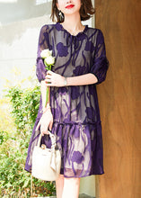 Load image into Gallery viewer, Italian Purple Ruffled Lace Up Chiffon Dresses Half Sleeve