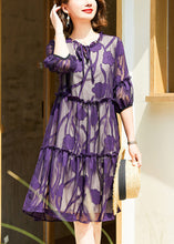 Load image into Gallery viewer, Italian Purple Ruffled Lace Up Chiffon Dresses Half Sleeve