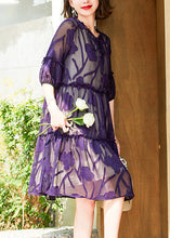 Load image into Gallery viewer, Italian Purple Ruffled Lace Up Chiffon Dresses Half Sleeve