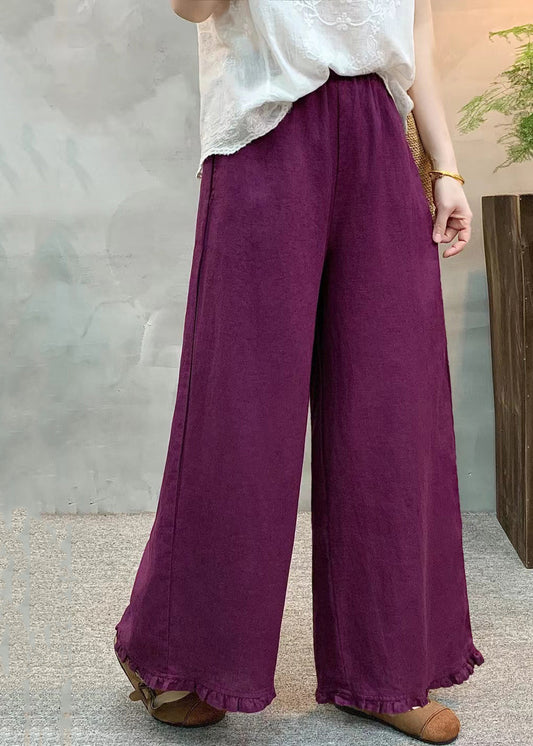 Italian Purple Ruffled Linen Straight Pants Summer