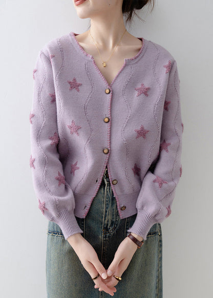 Italian Purple V Neck Button Knit Loose Coat Spring