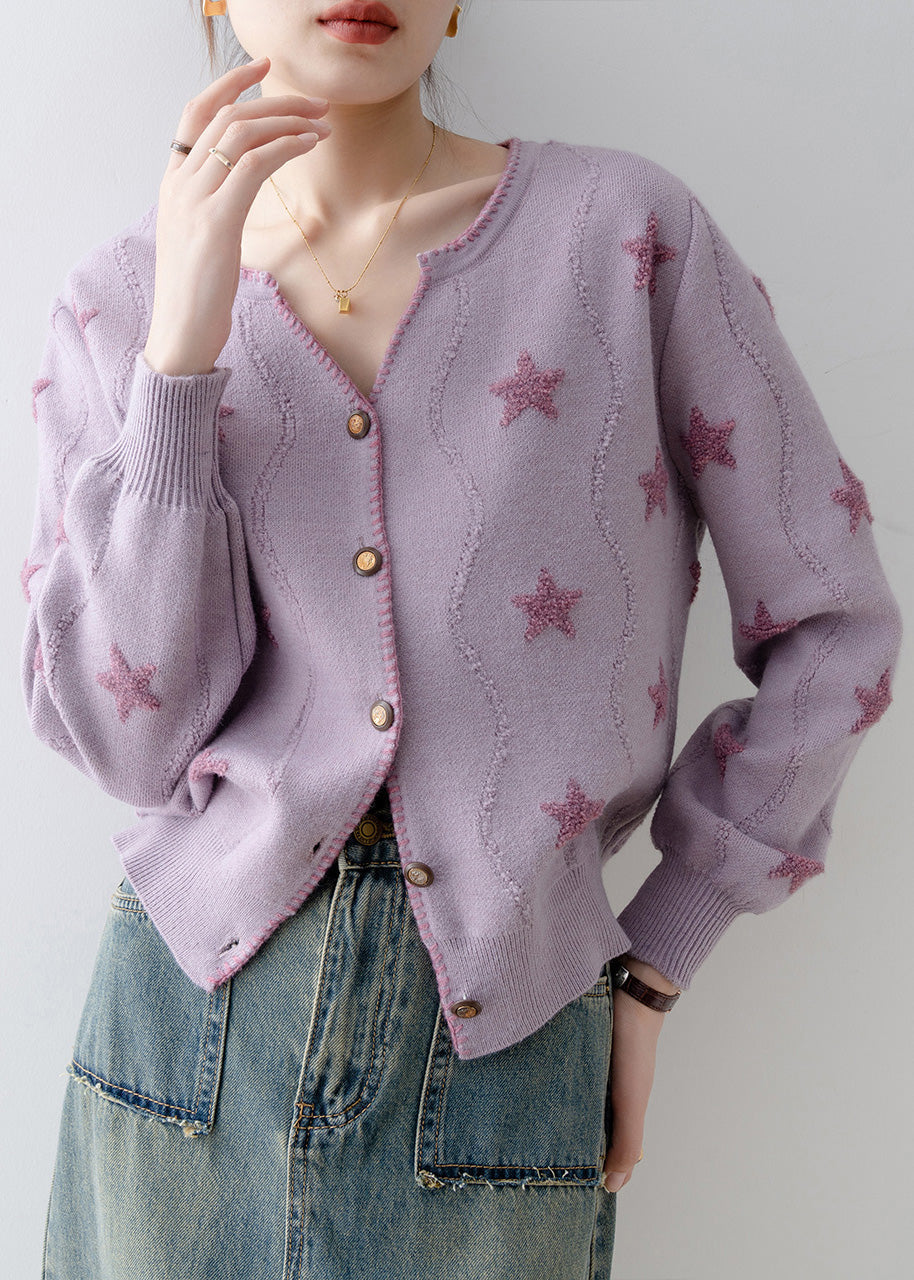 Italian Purple V Neck Button Knit Loose Coat Spring