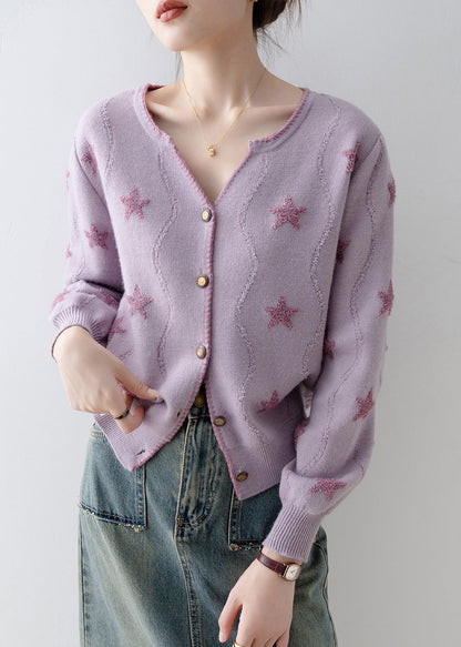 Italian Purple V Neck Button Knit Loose Coat Spring