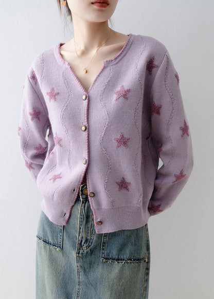 Italian Purple V Neck Button Knit Loose Coat Spring