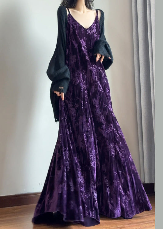 Italian Purple V Neck Jacquard Silk Velvet Spaghetti Strap Dress Sleeveless