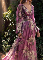 Italian Purple V Neck Print Chiffon Maxi Dresses Long Sleeve