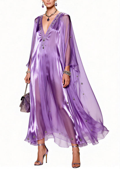Italian Purple V Neck Zircon Patchwork Chiffon Dresses Summer