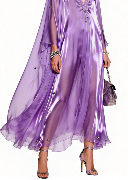 Italian Purple V Neck Zircon Patchwork Chiffon Dresses Summer