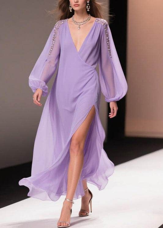 Italian Purple Wrinkled Side Open Solid Chiffon Long Dresses Spring