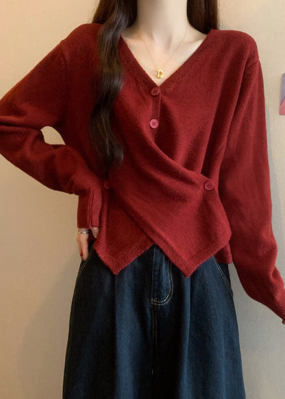 Italian Red Asymmetrical Design Knit Sweater Tops Fall
