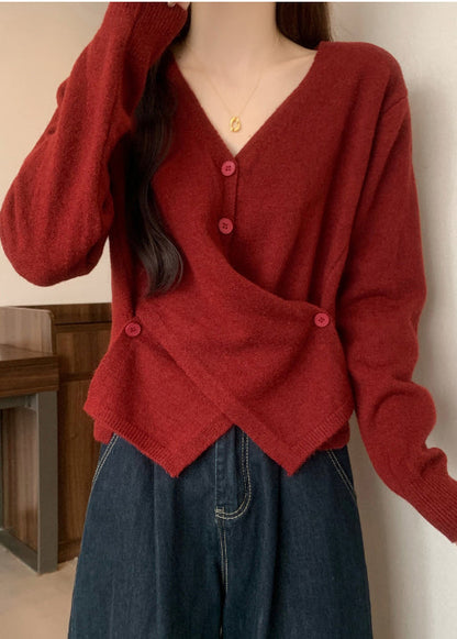 Italian Red Asymmetrical Design Knit Sweater Tops Fall
