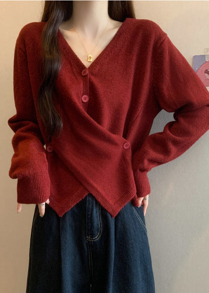 Italian Red Asymmetrical Design Knit Sweater Tops Fall