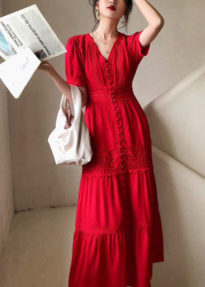 Italian Red Button Lace Hollow Out Cotton Shirts Dress Summer