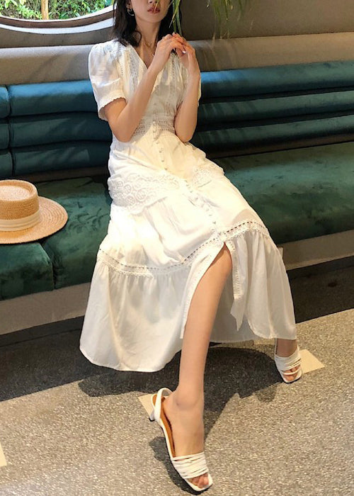 Italian Red Button Lace Hollow Out Cotton Shirts Dress Summer