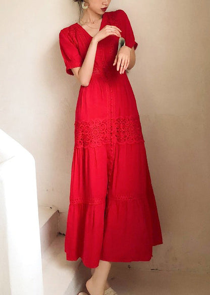 Italian Red Button Lace Hollow Out Cotton Shirts Dress Summer
