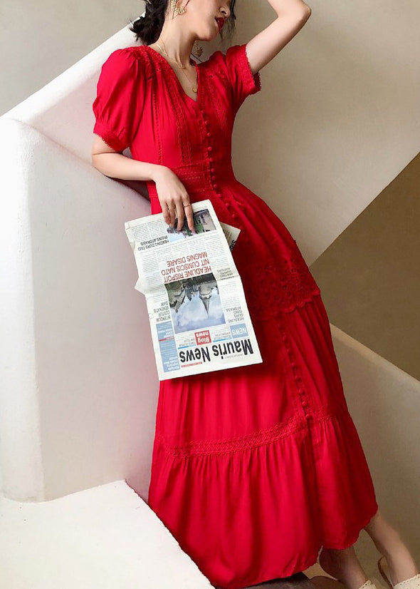 Italian Red Button Lace Hollow Out Cotton Shirts Dress Summer