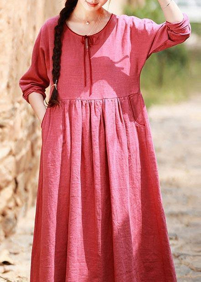 Italian Red Clothes For Women O Neck Pockets Maxi Spring Dress - SooLinen