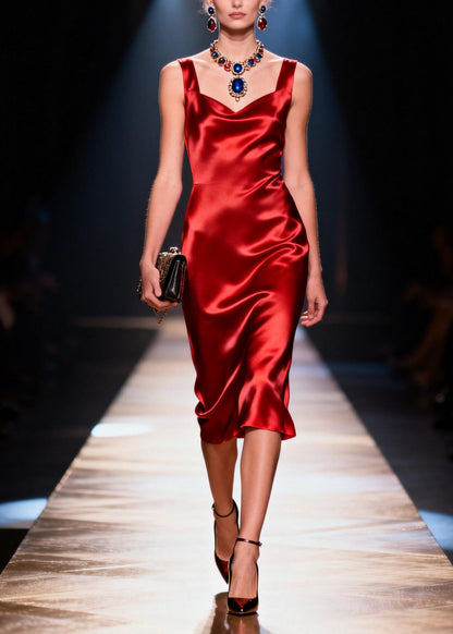 Italian Red Draping Neckline Silk Dress Sleeveless