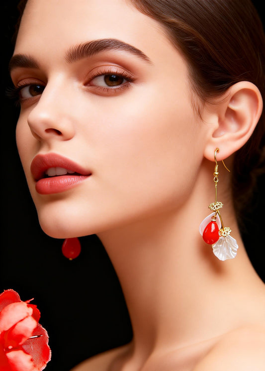 Italian Red Droplet Shape Coral And Shell Drop Earrings