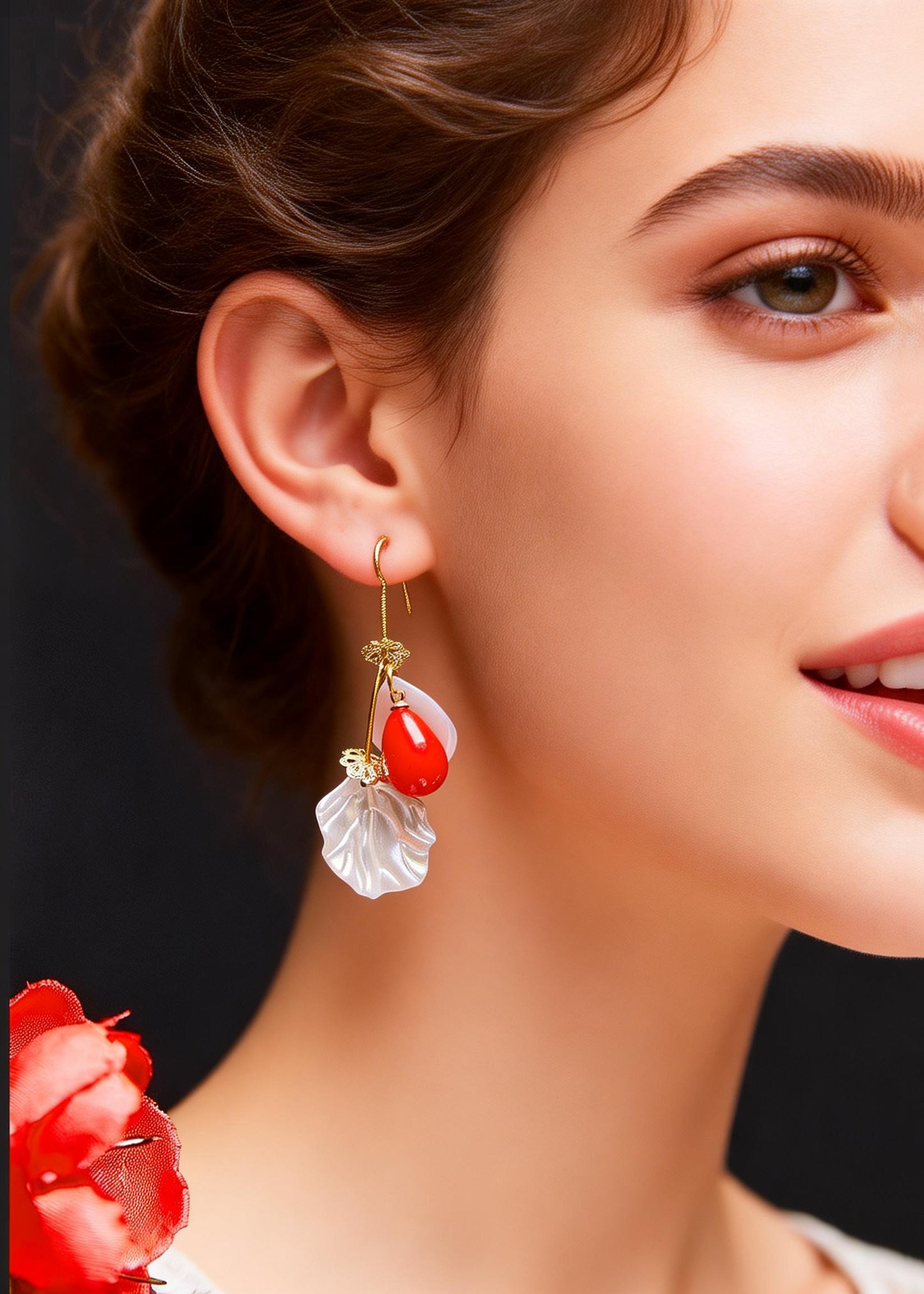 Italian Red Droplet Shape Coral And Shell Drop Earrings