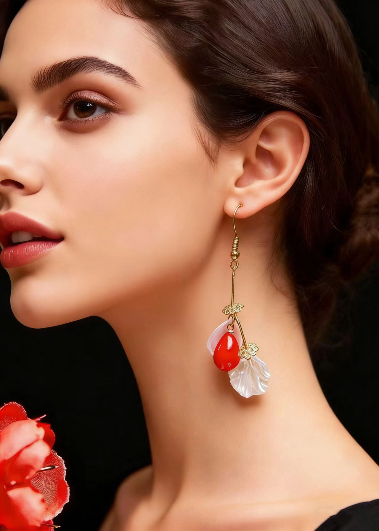Italian Red Droplet Shape Coral And Shell Drop Earrings