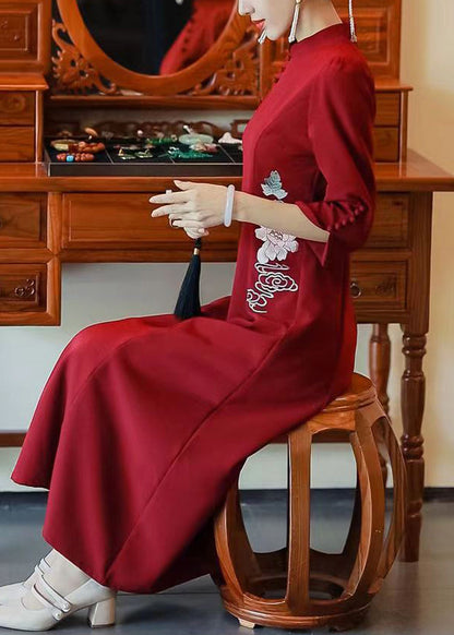 Italian Red Embroidered Button Side Open Silk Long Dresses Fall