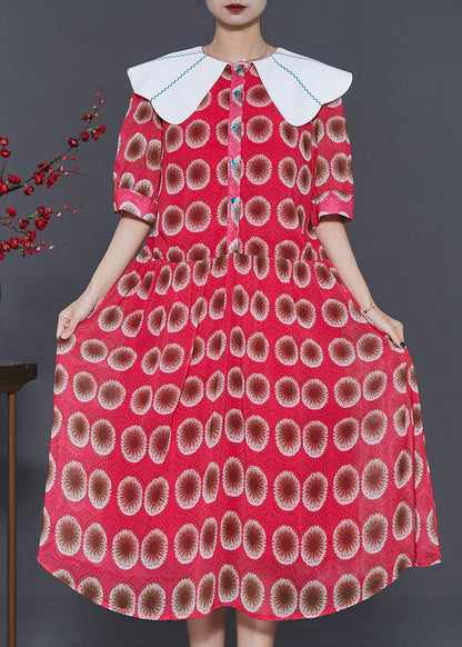 Italian Red Peter Pan Collar Print Chiffon Dress Summer