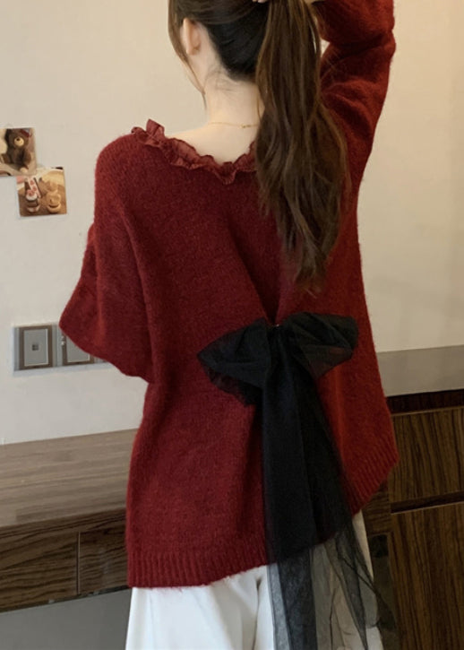 Italian Red Ruffled Patchwork Bow Knit Pullover Winter