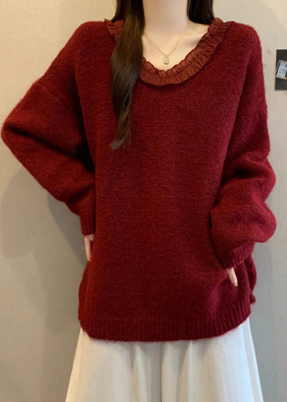 Italian Red Ruffled Patchwork Bow Knit Pullover Winter
