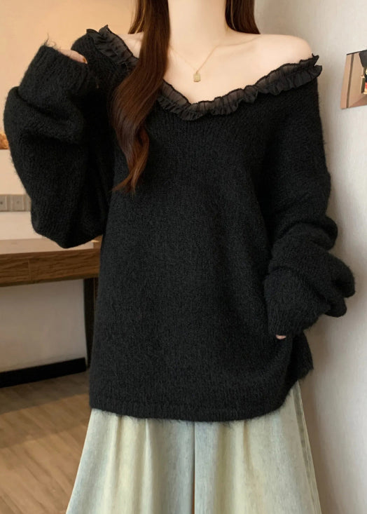 Italian Red Ruffled Patchwork Bow Knit Pullover Winter