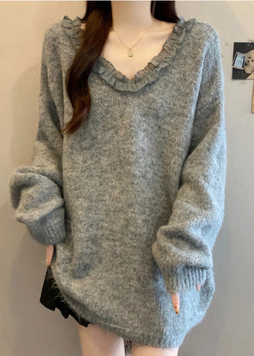 Italian Red Ruffled Patchwork Bow Knit Pullover Winter