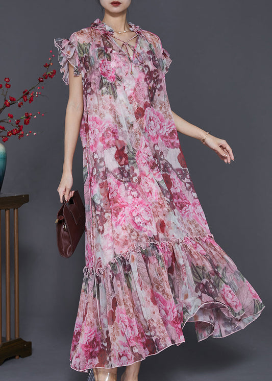 Italian Red Ruffled Print Chiffon Holiday Dresses Two Piece Set Petal Sleeve