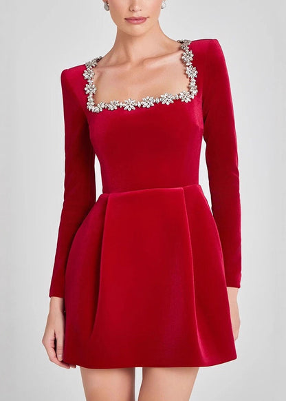 Italian Red Square Collar Zircon Floral Velvet Mid Dress Spring