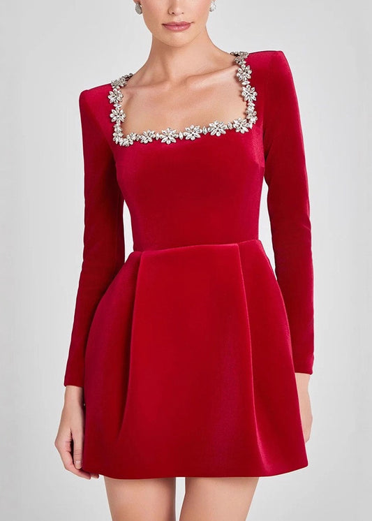 Italian Red Square Collar Zircon Floral Velvet Mid Dress Spring