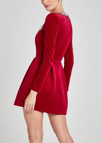 Italian Red Square Collar Zircon Floral Velvet Mid Dress Spring
