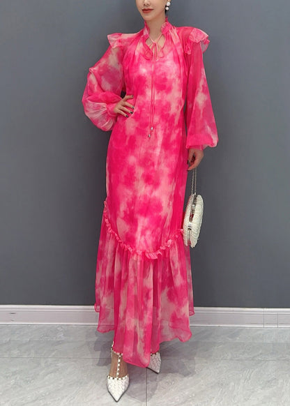 Italian Red V Neck Print Long Dress Lantern Sleeve