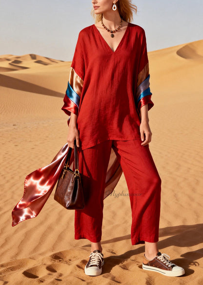 Italian Red V Neck Silk Patchwork Linen Two Piece Set Outfits Summer