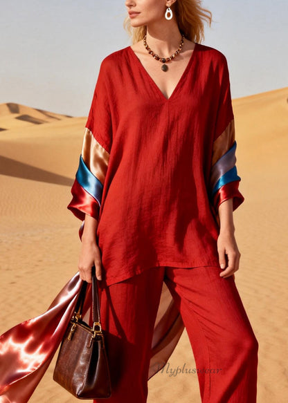 Italian Red V Neck Silk Patchwork Linen Two Piece Set Outfits Summer