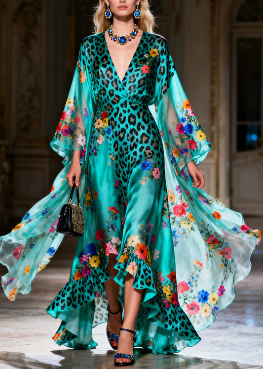 Italian Ruffled Asymmetrical Design Print Silk Ankle Dress Summer