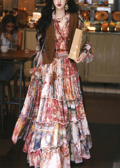 Italian Ruffled Print Lace Up Chiffon Maxi Dress Fall