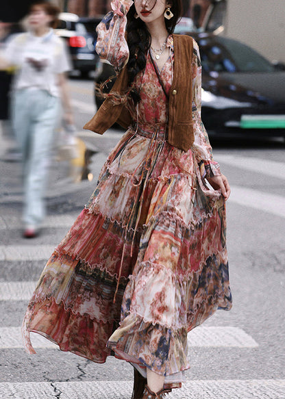 Italian Ruffled Print Lace Up Chiffon Maxi Dress Fall