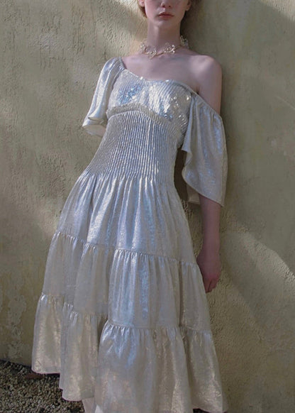 Italian Silver Sequins Ruffled Chiffon Long Dress Butterfly Sleeve