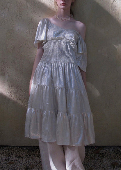 Italian Silver Sequins Ruffled Chiffon Long Dress Butterfly Sleeve