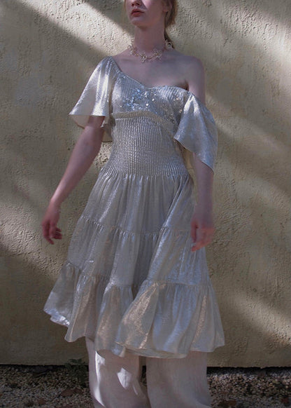 Italian Silver Sequins Ruffled Chiffon Long Dress Butterfly Sleeve