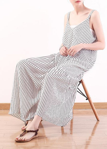 Italian Spaghetti Strap asymmetric chiffon clothes For Women white striped Dress Summer - SooLinen