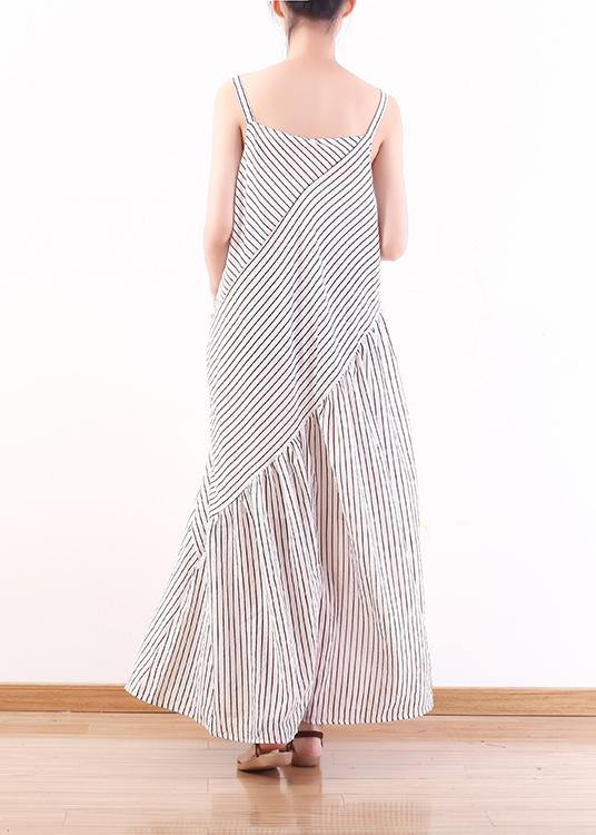 Italian Spaghetti Strap asymmetric chiffon clothes For Women white striped Dress Summer - SooLinen